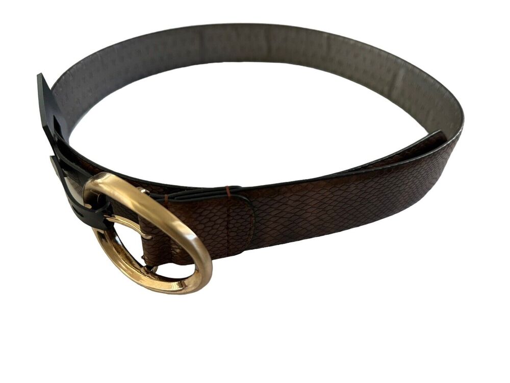 DKNY Women's Large Snake Embossed Oval Gold Buckle Belt Brown NWT #1914